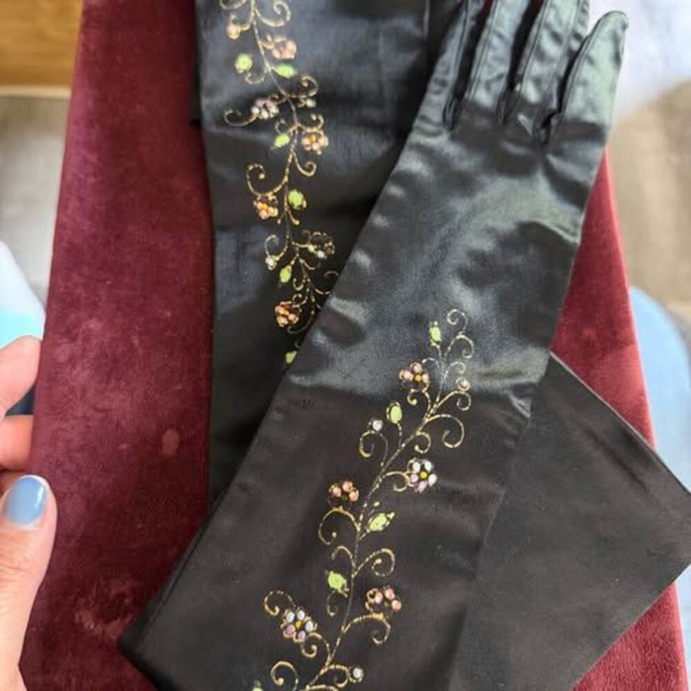 Vintage 1950s Hand-Painted Black Satin Opera Gloves evening gloves